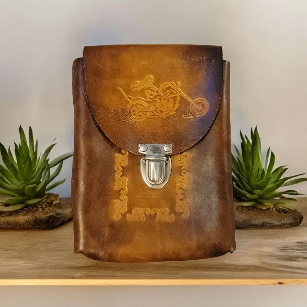 Vintage Tooled Leather Biker Cigarette Tobacco Pouch with Belt Slots